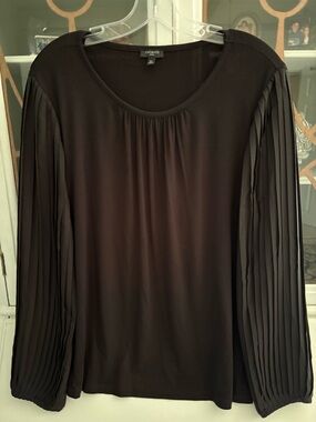 Talbots Black Long-Sleeve Top with Pleated Chiffon Sleeves